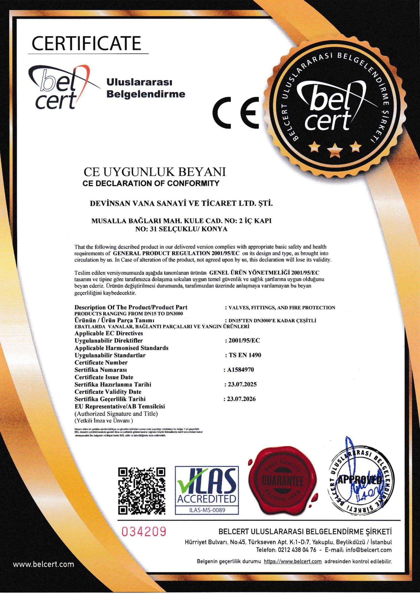 CE certified industrial valve by Devinsan – Compliant with European safety, health, and environmental standards